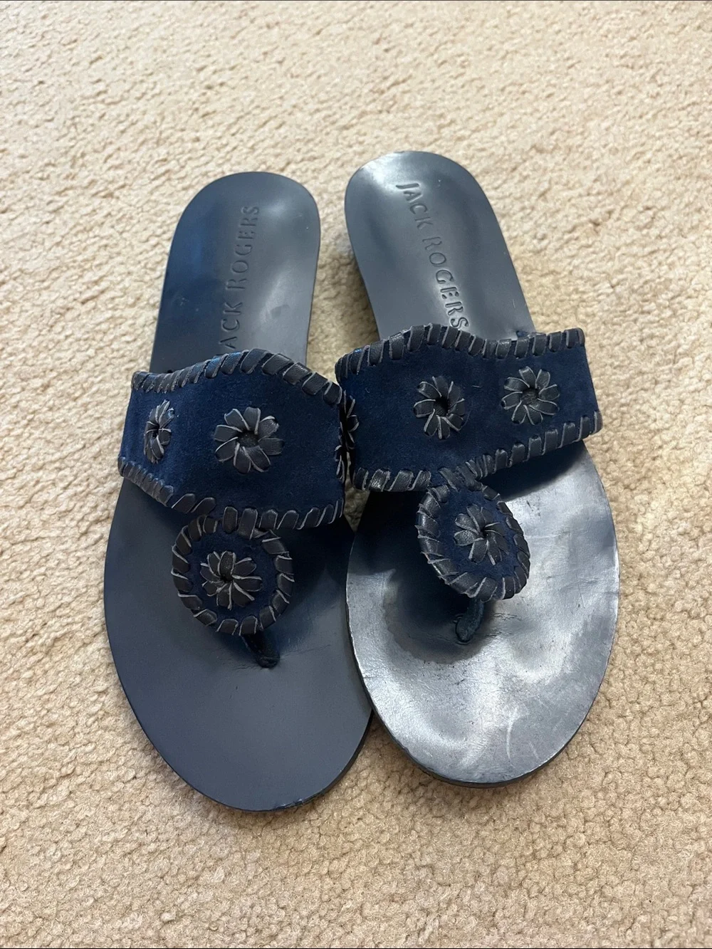 Jack Rogers Navy Suede Whipstitch Floral Toe-Ring Sandals 7